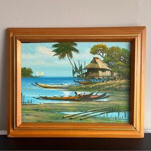 Vintage Filipino Canvas Art Philippines Painting Tropical Nipa Hut Canoe 1991